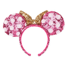 Load image into Gallery viewer, Minnie Mouse Sequined Ear Headband with Bow – Hot Pink &amp; Gold
